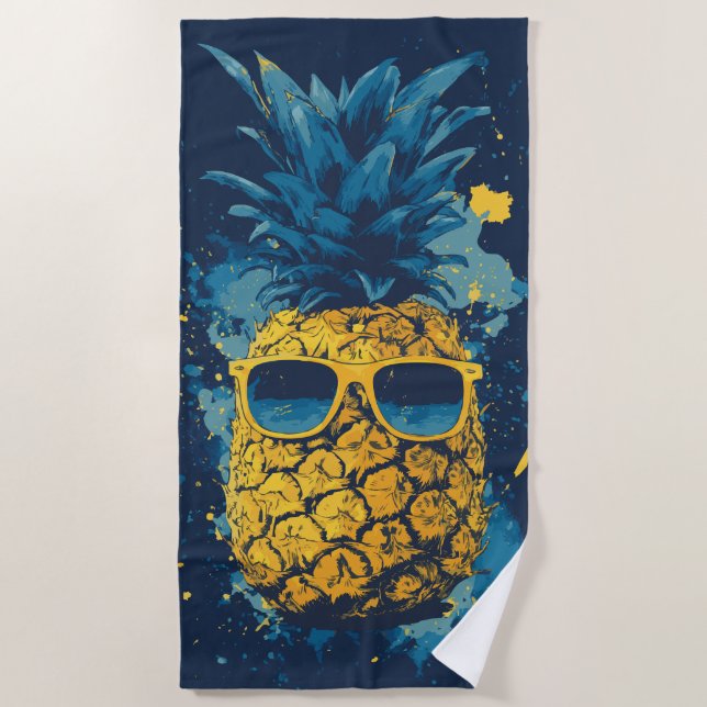 Cool Pineapple with Sunglasses Pop Art Illustratio Beach Towel (Front)