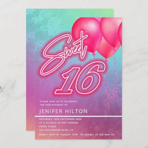 Cool pink balloon holographic neon sweet 16 invitation