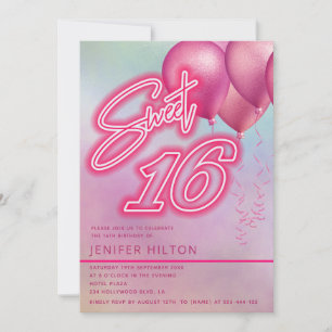 Cool pink balloon holographic neon sweet 16 invitation
