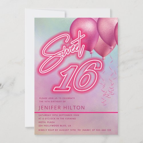 Cool pink balloon holographic neon sweet 16 invitation