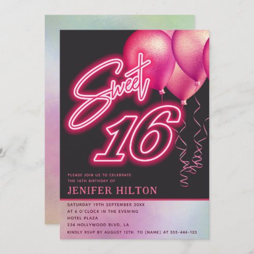 Cool pink balloon holographic neon sweet 16 invitation