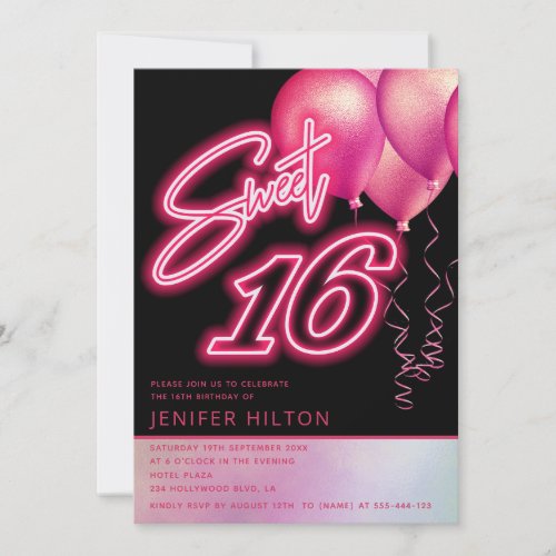 Cool pink balloon holographic neon sweet 16 invitation
