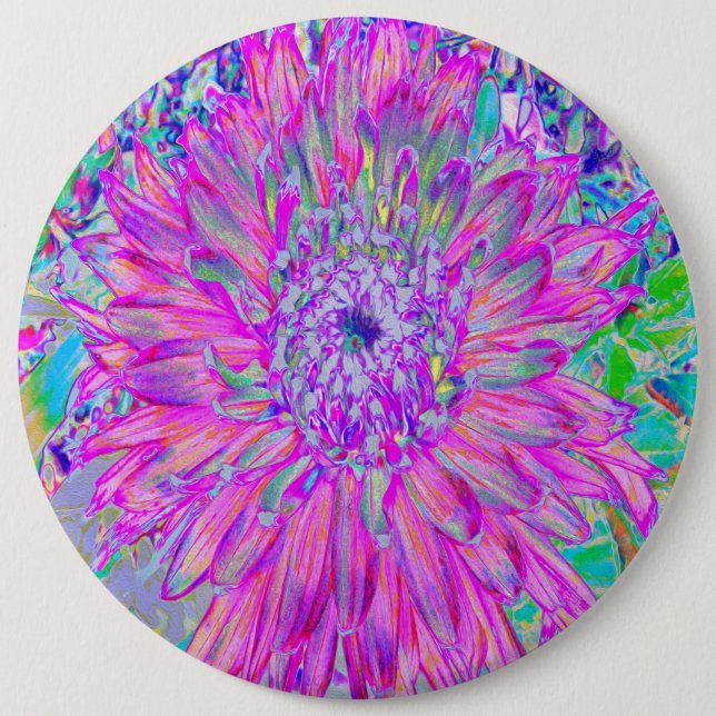 Cool Pink Blue and Purple Artsy Dahlia Bloom Button (Front)