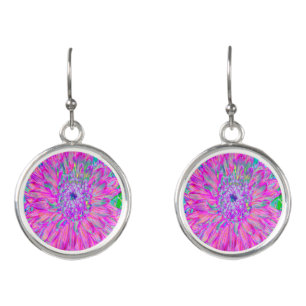 Cool Pink Blue and Purple Artsy Dahlia Bloom Earrings