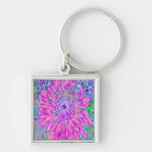 Cool Pink Blue and Purple Artsy Dahlia Bloom Keychain