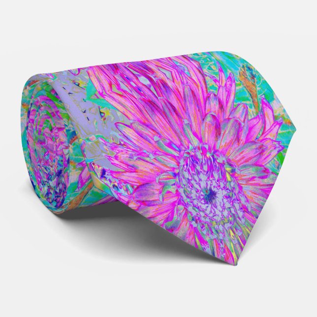 Cool Pink Blue and Purple Artsy Dahlia Bloom Neck Tie (Rolled)