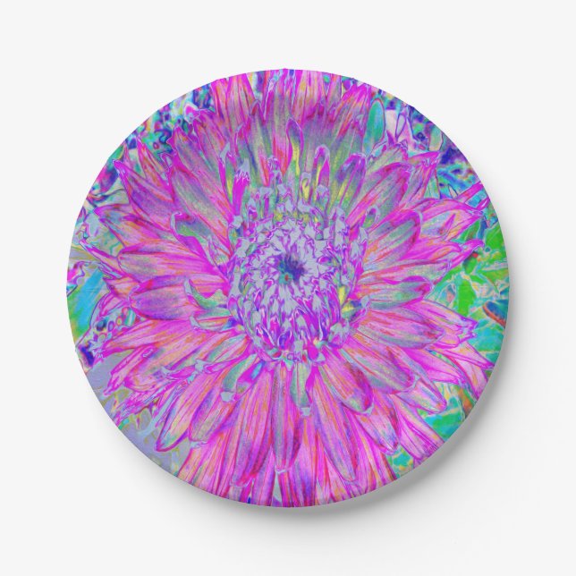 Cool Pink Blue and Purple Artsy Dahlia Bloom Paper Plates (Front)
