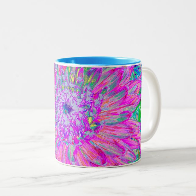 Cool Pink Blue and Purple Artsy Dahlia Bloom Two-Tone Coffee Mug (Front Right)
