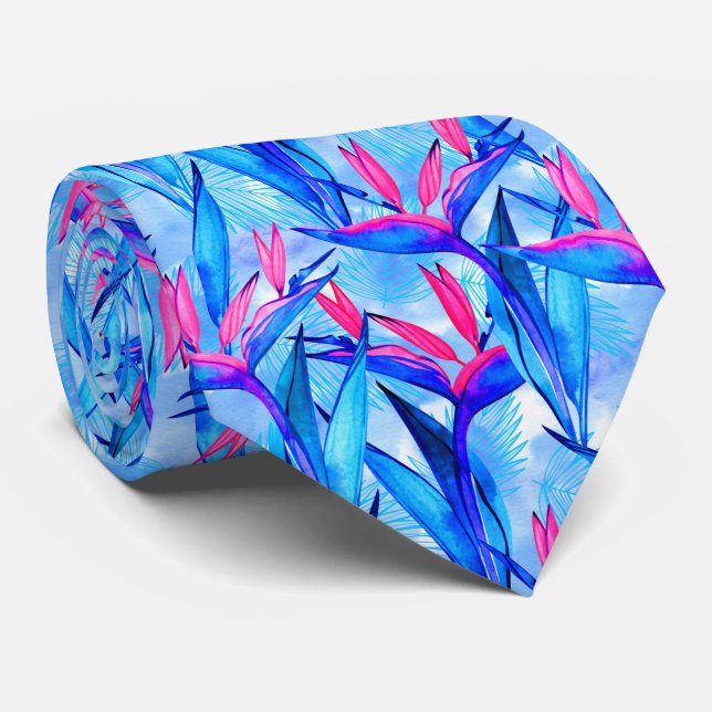 cool pink blue tropical leaf pattern neck tie (Rolled)