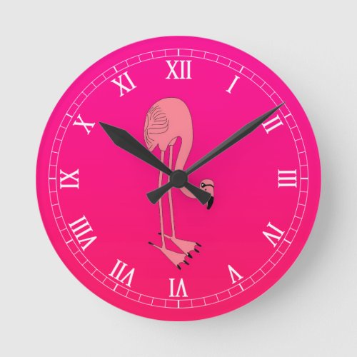 Cool Pink Cartoon Flamingo Round Clock