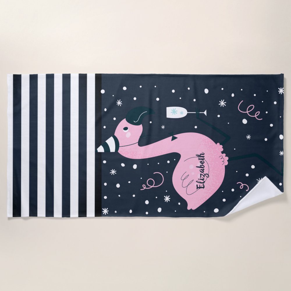 Discover Cool Pink Flamingo Nautical Navy Blue Striped Personalized Beach Towel