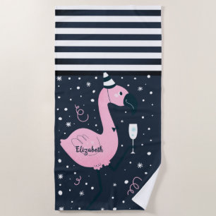 Cool Pink Flamingo Nautical Navy Blue Striped Beach Towel