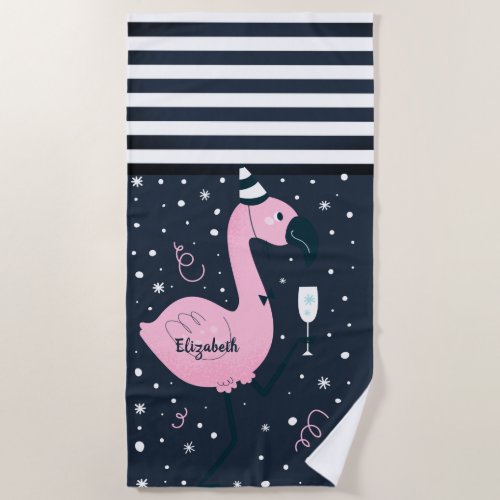 Cool Pink Flamingo Nautical Navy Blue Striped    Beach Towel