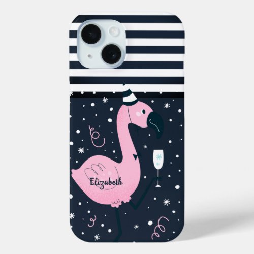 Cool Pink Flamingo Nautical Navy Blue Striped    iPhone 15 Case