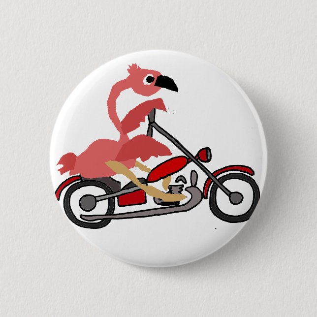 Cool Pink Flamingo Riding Motorcycle Cartoon Button (Front)