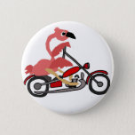 Cool Pink Flamingo Riding Motorcycle Cartoon Button at Zazzle