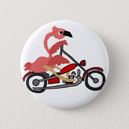 Cool Pink Flamingo Riding Motorcycle Cartoon Button