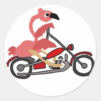 Cool Pink Flamingo Riding Motorcycle Cartoon Classic Round Sticker by patcallum at Zazzle