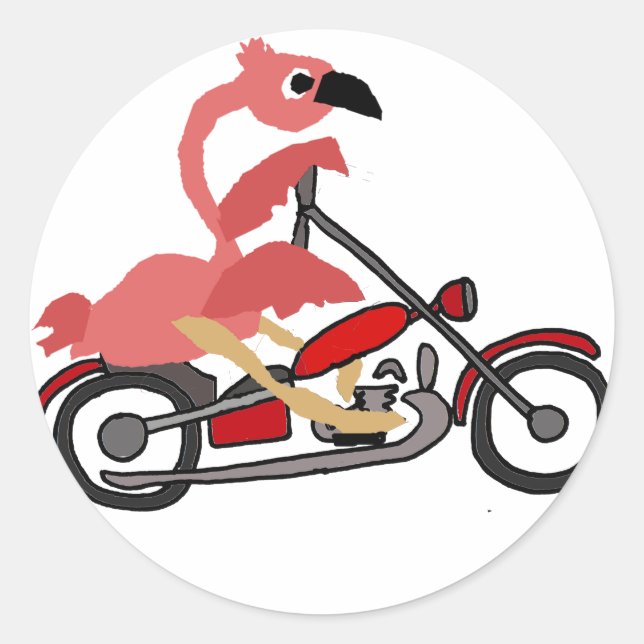 Cool Pink Flamingo Riding Motorcycle Cartoon Classic Round Sticker (Front)