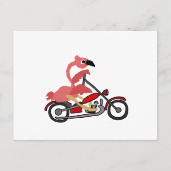 Cool Pink Flamingo Riding Motorcycle Cartoon Postcard by patcallum at Zazzle