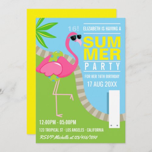 Cool Pink Flamingo Summer Pool Birthday Party Invitation