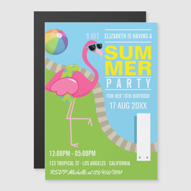 Cool Pink Flamingo Summer Pool Birthday Party Magnetic Invitation (Front/Back)