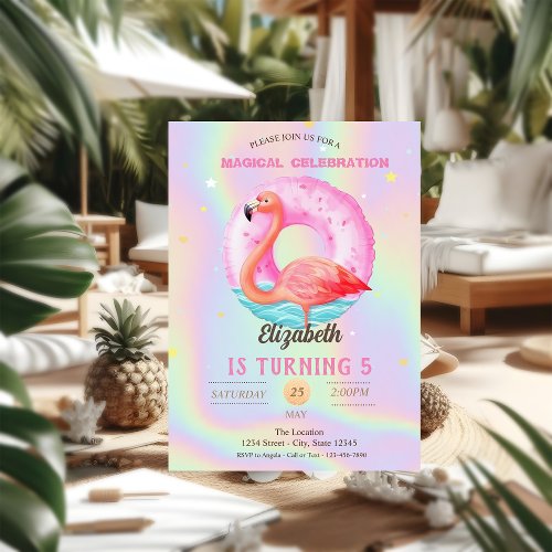 Cool Pink Flamingos Pool Float Holographic  Invitation