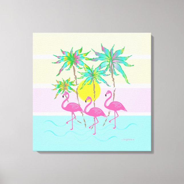 Cool Pink Flamingos Sun and Palm Trees Wall Art  (Front)