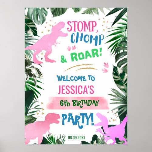 Cool pink Girl Dinosaur birthday welcome T_Rex Poster