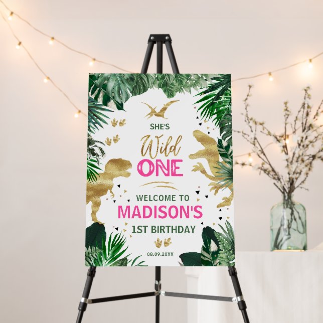 Cool Pink Girl Dinosaurs Birthday Party Welcome Foam Board (In Situ (Stand))