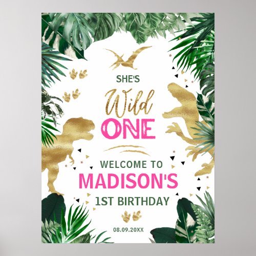 Cool Pink Girl Dinosaurs Birthday Party Welcome Poster