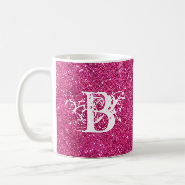 Cool Pink Glitter White Funky Monogram Custom Coffee Mug (Left)