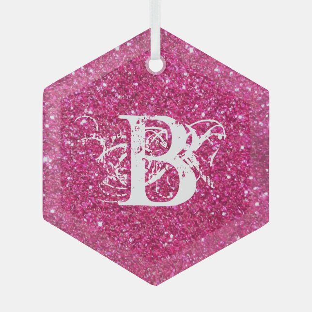 Cool Pink Glitter White Funky Monogram Custom Glass Ornament (Front)
