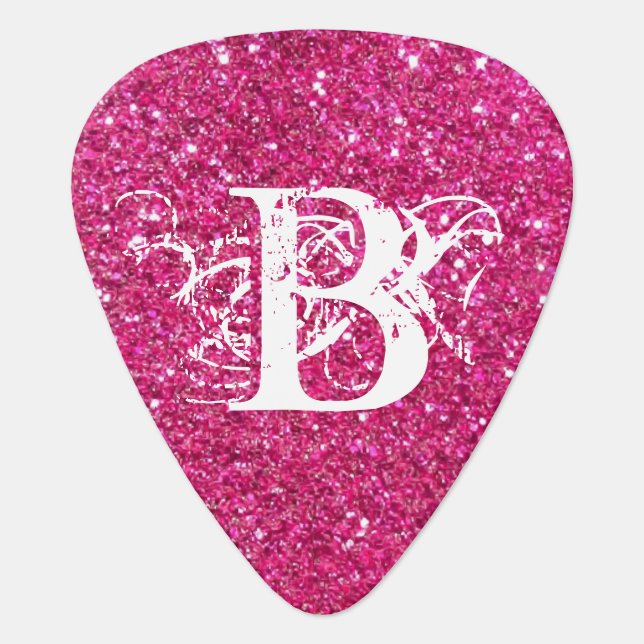 Cool Pink Glitter White Funky Monogram Custom Guitar Pick (Front)