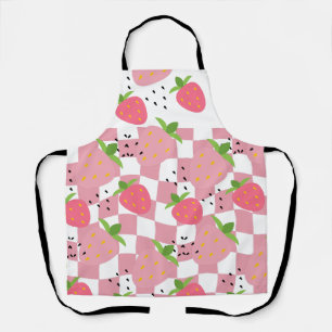 Cool Pink Kitchen Strawberries Checkered Design Apron