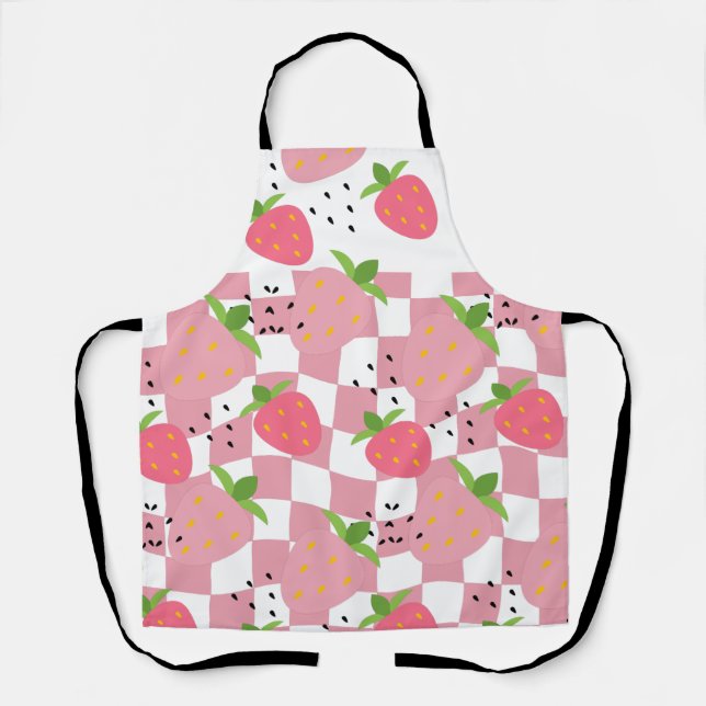 Cool Pink Kitchen Strawberries Checkered Design Apron (Front)
