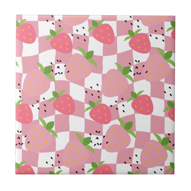 Cool Pink Kitchen Strawberries Checkered Design Ceramic Tile (Front)