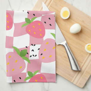 Cool Pink Kitchen Strawberries Checkered Design Towel