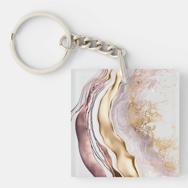 Cool Pink Marble Stone Gold Keychain (Front)