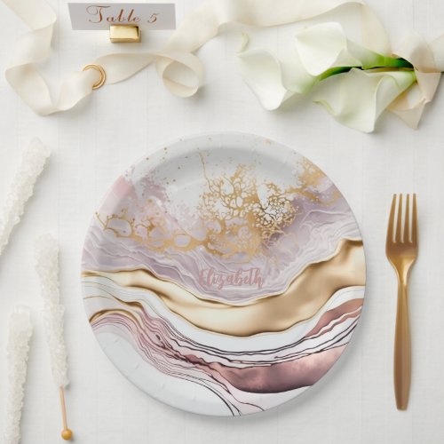 Cool Pink Marble Stone Gold Paper Plates