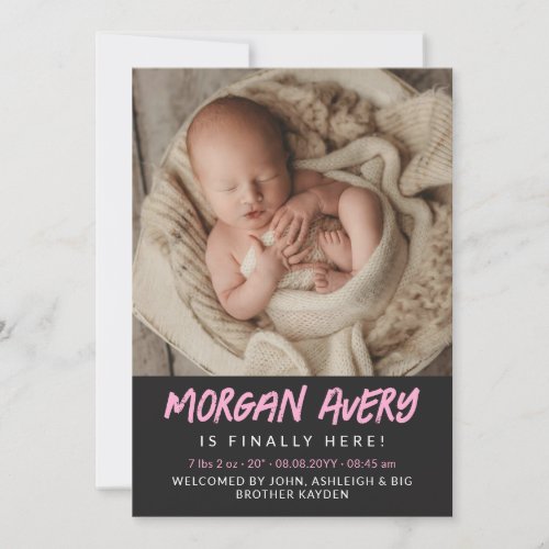 Cool Pink Marker Font New Baby Girl Photo Announcement