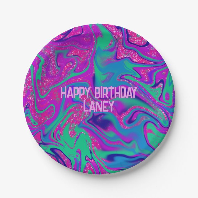 Cool Pink Purple Glitter Girl Birthday Slime Party Paper Plates (Front)