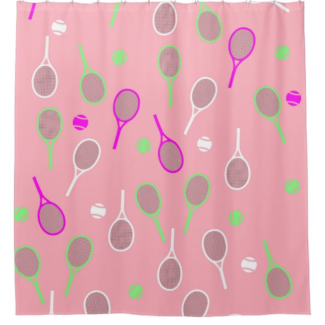 Cool Pink Retro Racquets Pattern Tennis Player Shower Curtain (Front)
