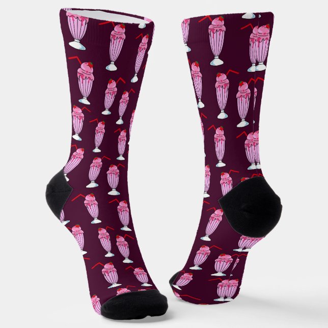Cool Pink Strawberry Milkshake Pattern Socks (Angled)