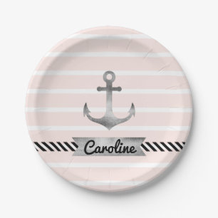 Cool Pink Stripes Gray Watercolor Anchor Custom Paper Plates