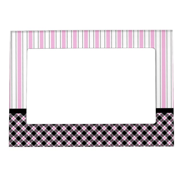 Cool Pink Stripes, Pink & Black Buffalo Plaid Magnetic Frame (Front)