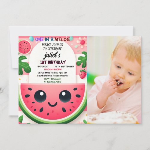 cool pink summer one in a melon first 1st birthday invitation