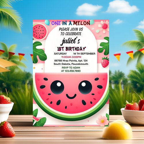 cool pink summer one in a melon first 1st birthday invitation
