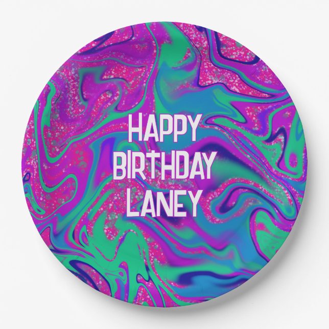 Cool Pink Teal Glitter Custom Girl Birthday Party Paper Plates (Front)
