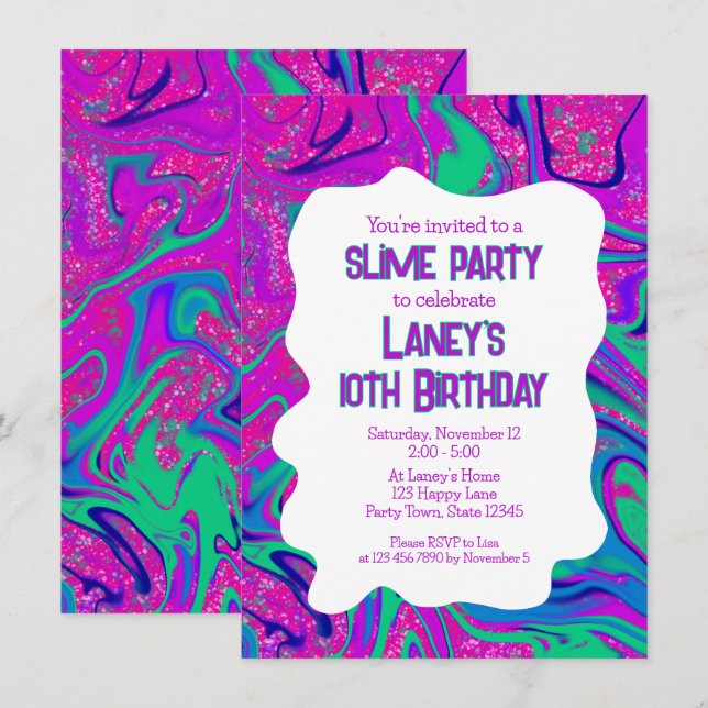 Cool Pink Teal Glitter Girls Birthday Slime Party Invitation (Front/Back)